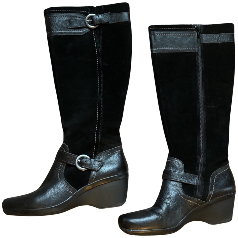 Excellent condition Clarks Leather and Suede Wedge Tall Winter Boots- BLACK -7.5